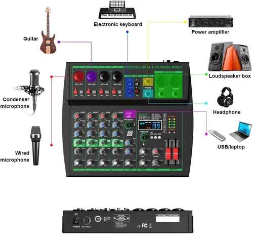 Miniatura 2 de MW-6 negro Mezclador de audio profesional DJ de 6 canales Controlador portátil con DSP 99 efectos preestablecidos para transmisión en vivo