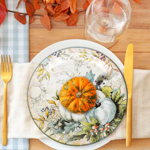 Miniatura 5 de AnyDesign 40 platos de papel de otoño, platos redondos desechables de calabaza verde azulado retro de 9 pulgadas, plato de postre para otoño