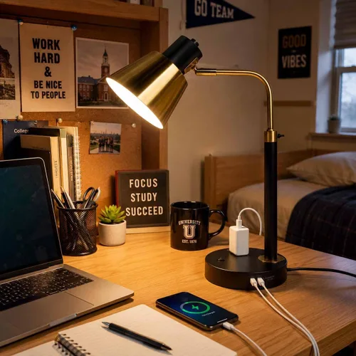 Miniatura 3 de Lámpara de escritorio con USB-C, USB-A y toma de CA, lámpara de escritorio de metal ajustable con cabezal giratorio de 340°, lámpara de mesa