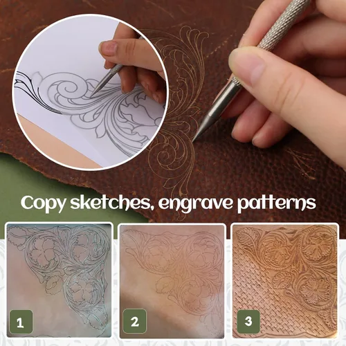 Miniatura 4 de Herramientas de estampado de cuero, kit de herramientas de tallado de cuero con bolígrafo de cuero, martillo de trabajo de cuero y papel de calco