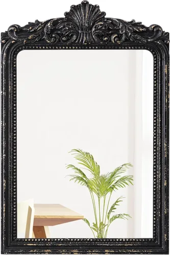 Espejo vintage negro para tocador de 24 x 36 pulgadas, para colgar en la pared, espejos góticos de madera envejecida con detalles de cuentas, espejo
