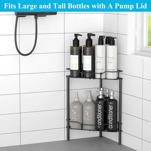 Miniatura 4 de HuggieGems Estante Organizador de Esquina para Ducha de 2 Niveles con Ganchos, Soporte de Estantes de Baño, Negro