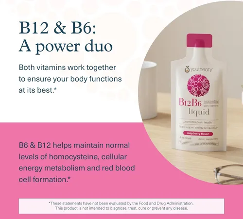 Miniatura 4 de Youtheory Vitamina B12 B6, suplemento diario de energía y apoyo cerebral, sabor líquido a frambuesa, 12 paquetes de 1 oz de una sola porción