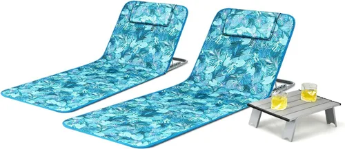 Miniatura 10 de COSTWAY Sillas de playa de 3 piezas, tumbona para exteriores con mesa auxiliar, 5 posiciones reclinables, sillas de bronceado ligeras y portátiles