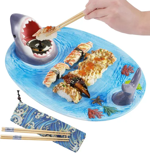 Miniatura 8 de Platos de tiburón, plato de sushi de tiburón 3 en 1 mejorado, plato de sushi de tiburón, plato de tiburón con compartimento para salsa