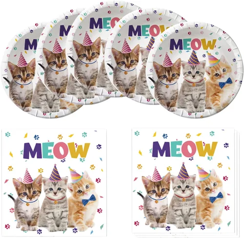 Cat Party Supplies - Juego de vajilla de papel para gatito, platos y servilletas para fiesta de cumpleaños con temática de gato