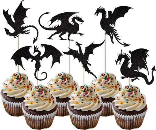 Paquete de 24 adornos para cupcakes de dragón con purpurina de fantasía, para cumpleaños, temática de dragón volador, baby shower, fiesta de