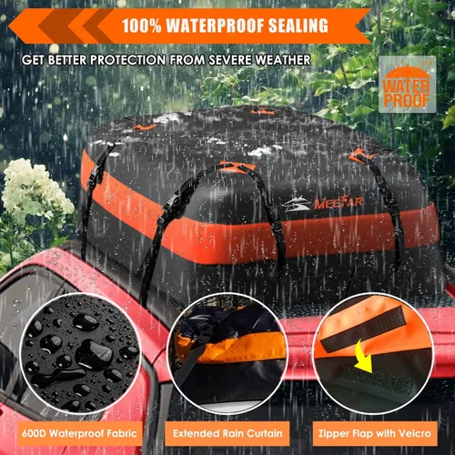 Miniatura 7 de Bolsa de techo para coche XBEEK de MeeFar, impermeable, portaequipajes para azotea, 15 pies cúbicos para todos los coches con/sin estante, incluye