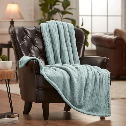 Miniatura 6 de Chanasya Manta de punto trenzado suave, color beige crema, afelpada de sherpa, gruesa, cálida, ligera, acogedora, moderna, para sofá, sala de estar