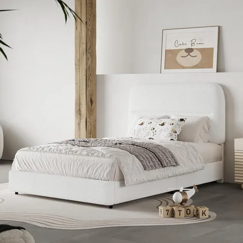 Miniatura 19 de HOMBCK - Base de cama tapizada de tejido bouclé con cabecera suave con diseño de esquinas redondeadas, listones de madera, no requiere somier, fácil