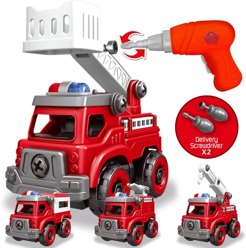 Camión de juguetes desmontables 4 en 1 con taladro eléctrico, vehículos de juguete camión de bomberos de montaje DIY, juguetes de autos educativos