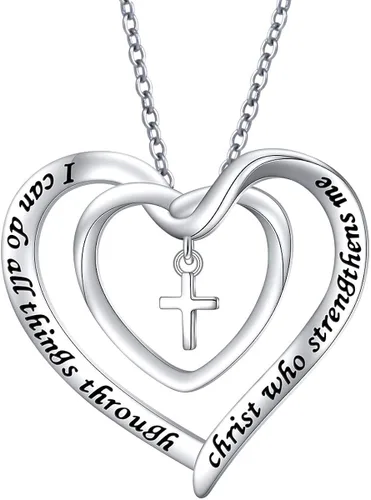 DAOCHONG Collar de plata de ley S925 con cruz cristiana y corazón inspirador con versículo bíblico y rinags para mujeres, adolescentes y niñas