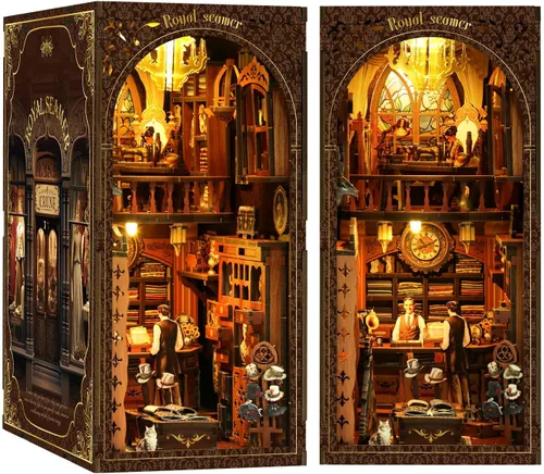 Miniatura 8 de Kit de rincón de libros de bricolaje 3D rompecabezas de madera para adultos, kit de casa en miniatura de librería, estantería de libro, decoración