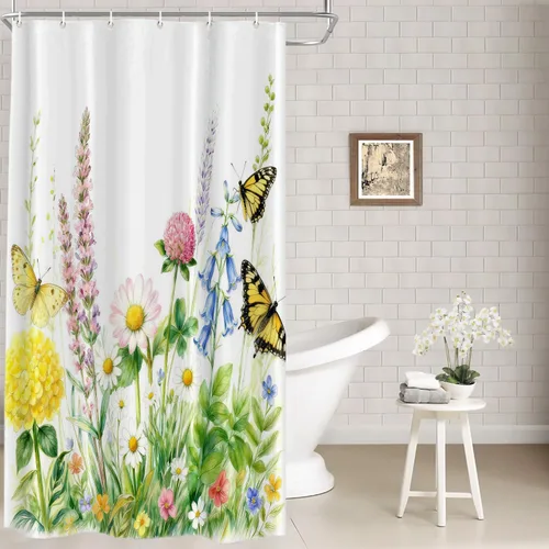 Miniatura 38 de Batmerry Cortina de ducha decorativa botánica con hojas blancas, flores románticas, borde victoriano, libélula y flores silvestres, bonita y ancha