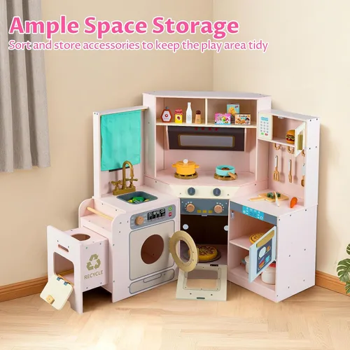 Miniatura 8 de INFANS Cocina esquinera para niños, juego de madera con carrito telescópico, luces realistas, sonidos, máquina de hielo, cajones de tela, horno
