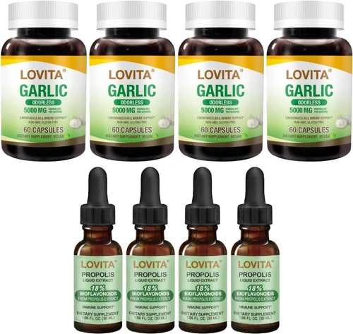 LOVITA Paquete Vitality de 8 piezas - 4 líquidos de propóleo y 4 extractos de ajo (5000 mg), resina de alicina y propóleos (8 unidades)