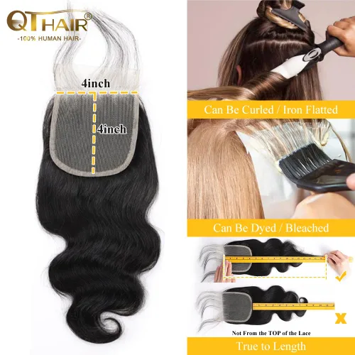 Miniatura 4 de QTHAIR Extensiones de cabello humano brasileño ondulado de grado 18A #613 con cierre de encaje HD 4x4