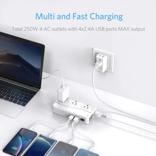 ISELECTOR Convertidor de voltaje de 220 V a 110 V, convertidor de viaje de Estados Unidos a Europa con 4 puertos USB, 3 enchufes de CA adaptador 4