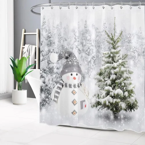 Miniatura 8 de EOBTAIN Cortina de ducha de hojas verdes de Navidad para baño, ramas de piña y abeto con bayas rojas sobre negro, cortina de ducha con 12 ganchos