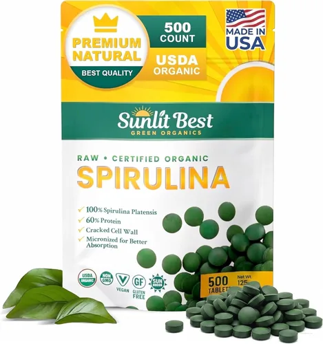 Sunlit Best Spirulina Tablets - Tabletas orgánicas de espirulina USDA Premium 500 unidades - Espirulinas naturales explosión orgánica para apoyo