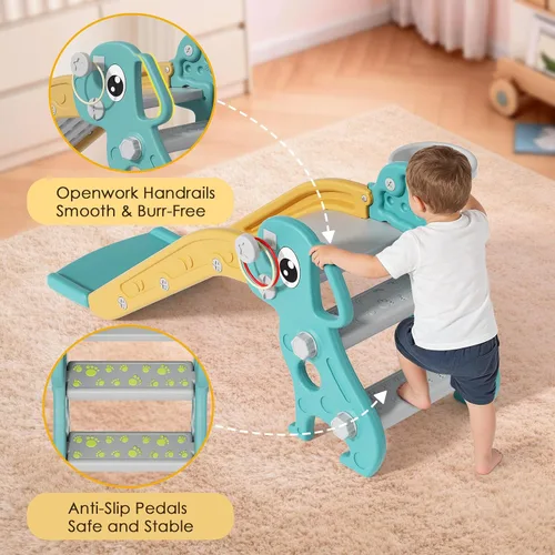 Miniatura 2 de BIERUM Tobogán 4 en 1 para niños pequeños, tobogán infantil para patio de juegos interior y exterior, toboganes con aro de baloncesto y lanzamiento