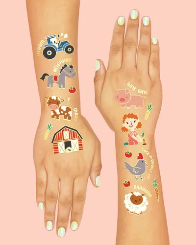 Miniatura 4 de xo, Fetti Suministros para fiestas de granja, tatuajes temporales - 30 estilos de purpurina Animales de corral, zoológico de mascotas, vaca, Oro