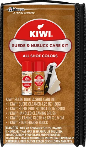 Kit de limpieza para zapatos de gamuza y nubuck KIWI | Para zapatos, botas y más | Incluye limpiador, protector, cepillo, paño, goma de borrar
