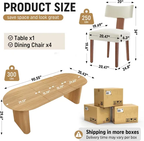 Miniatura 23 de Juego de mesa de comedor ovalada extensible de 59 a 90 pulgadas con 4 sillas de comedor con respaldo en T para 4 personas, moderna mesa de comedor
