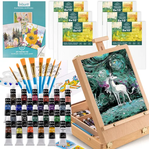 Inburit Juego de Pintura de Arte con Caja de Caballete de Madera, 24 Colores de Pinturas Acrílicas, 8 Pinceles, 6 Paneles de Lienzo Kit de 54