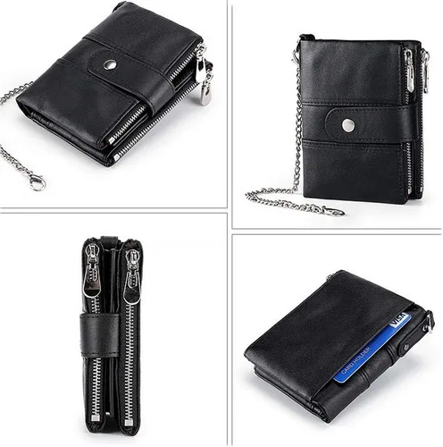 Miniatura 4 de boshiho Billeteras plegables de cuero real con bloqueo RFID para hombre, doble cremallera, bolsillo con cadena antirrobo