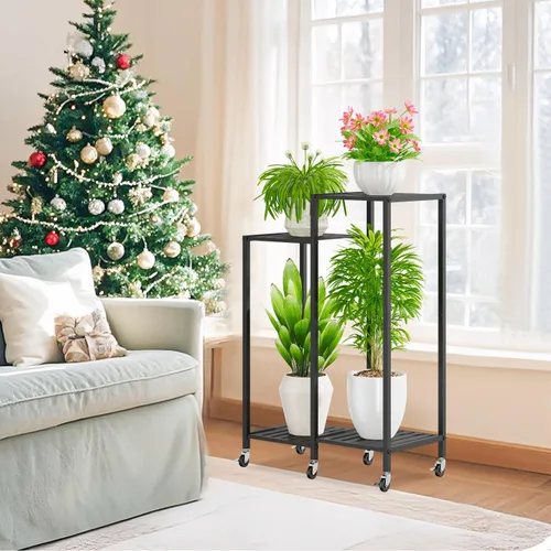 Miniatura 2 de iDavosic.ly Soporte para plantas de 4 niveles para interiores con ruedas, estante de metal escalonado para flores al aire libre para macetas Negro