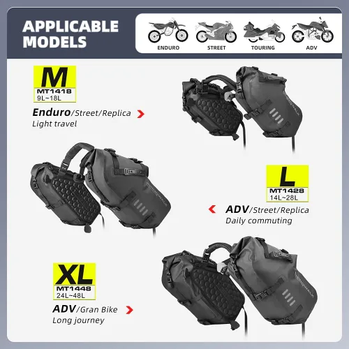 Miniatura 2 de Rhinowalk Bolsas de sillín impermeables antivibración para motocicleta, bolsas laterales para moto, bolsas de hombro para moto, alforjas de moto 18L
