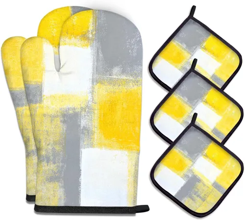 MCALK Juego de 5 guantes amarillos para horno y soportes para ollas, guantes de horno grises y almohadillas calientes para cocina de cocina,