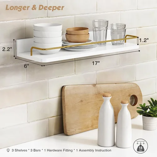 Miniatura 3 de Forbena Juego de 3 estantes flotantes dorados para decoración de pared, estantes de baño sobre el inodoro, estante de pared moderno con riel Blanco