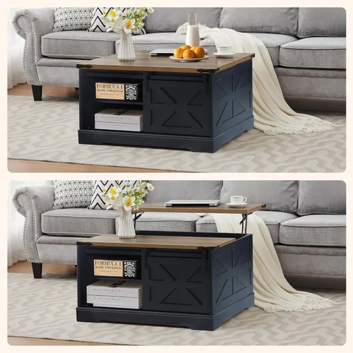 Miniatura 6 de Mesa auxiliar con tapa elevable, mesa de centro cuadrada de madera con puerta corrediza de granero y estante ajustable, mesa central rústica