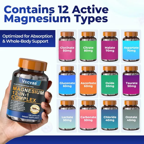 Miniatura 2 de Complejo de magnesio 700mg – Suplemento de magnesio 12-en-1 con glicinato, citrato, malato, óxido, taurato y más – Alta absorción para músculos