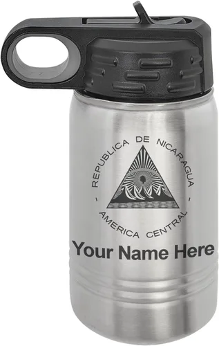 Miniatura 42 de LaserGram Botella de agua personalizada, bandera de Nicaragua, acero inoxidable de doble pared aislada al vacío con popote superior, regalo grabado