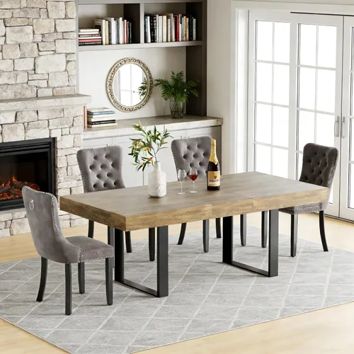 Miniatura 31 de Juego de mesa de comedor extensible de 5 piezas para 4, mesa de cocina de madera marrón de 63-78.7 pulgadas con 4 sillas acolchadas beige, juego