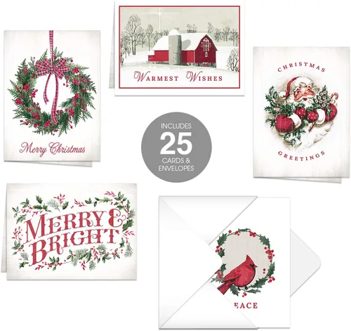 Canopy Street Tarjetas navideñas clásicas / 25 tarjetas navideñas con sobres blancos / 5 diseños retro de Navidad / tarjetas de felicitación