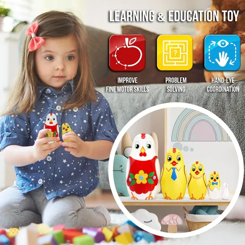 Miniatura 5 de AEVVV Juego de 5 muñecas de anidación de pollo - Decoración de cocina de pollo - Muñecas apilables de madera - Muñeca Matryoshka pintada a mano rusa