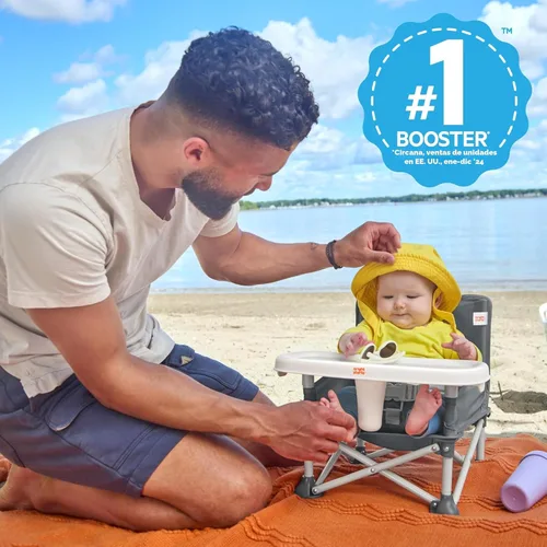 Miniatura 3 de Bright Starts Pop 'N Sit Asiento elevado portátil, para uso en interiores y exteriores, asiento de piso con bandeja de alimentación, gris, de 6