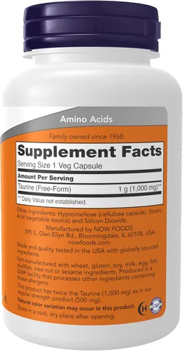Miniatura 2 de Suplementos NOW, taurina 1,000 mg, doble fuerza, salud del sistema nervioso*, 100 cápsulas vegetales