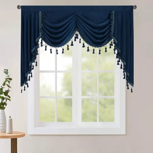 Miniatura 30 de StangH Cortinas decorativas de lujo, cenefa azul con bloqueo de luz, cenefa festoneada para ventana pequeña con bolsillo sólido para barra, cortina