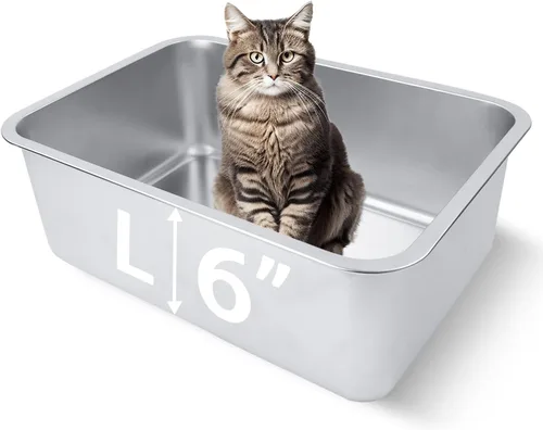 Miniatura 10 de Pequeña caja de arena de acero inoxidable para gatitos, 15.5 x 11.6 x 4 pulgadas, caja de arena de metal para gatitos, a prueba de óxido