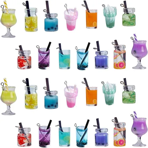 SUNNYCLUE 1 caja de 7 estilos de té con leche y frutas, mini botella, colgantes de helado de Boba para bebidas de imitación, joyería de vidrio, 28