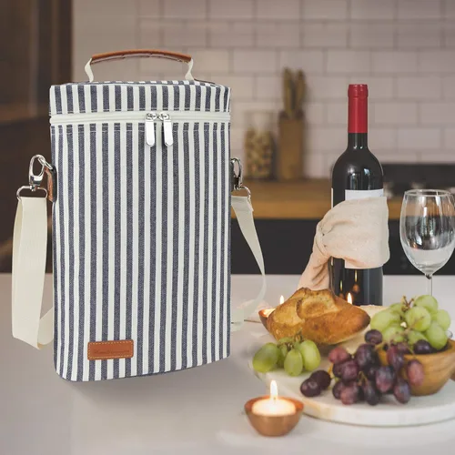 Miniatura 7 de Bolsa para 2 Botellas de Vino, Azul Oscuro, Capacidad de 750 mL, Material de Poliéster, Con Correa para el Hombro y Sacacorchos
