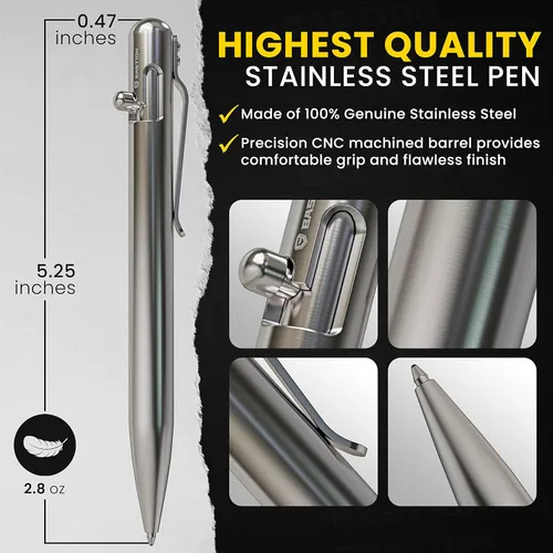 Miniatura 5 de BASTION® Bolígrafo de acción de perno de lujo, bolígrafo profesional duradero con punta fina, bolígrafo táctico EDC recargable de tinta – 100% acero