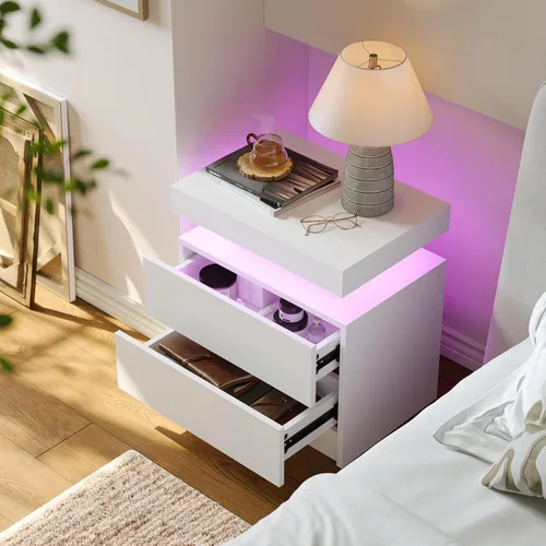 Miniatura 3 de Mesita de noche LED blanca moderna, mesa de cabecera para dormitorio, mesa auxiliar con 2 cajones de madera Blanco profundo