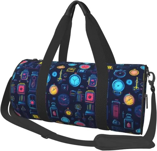Large Duffle Bag for Travel - Retro Clock Colorful Print Gym Bag for Women Men, Travel Foldable Bags for Women Men with Zippered Multiple Pockets