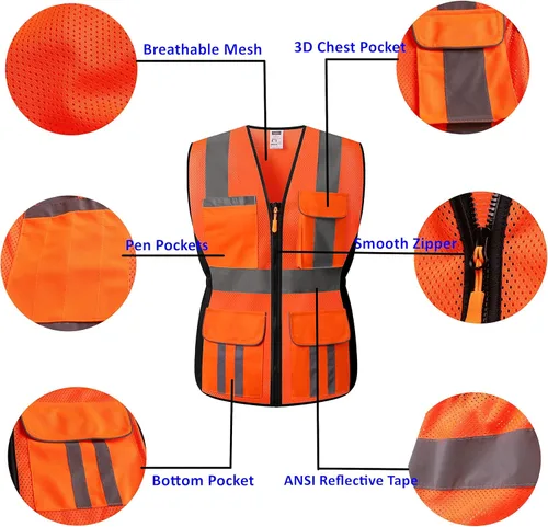 Miniatura 5 de Chaleco de seguridad para mujer, múltiples bolsillos, de alta visibilidad, reflectante, malla transpirable, chaleco de trabajo para dama, cremallera